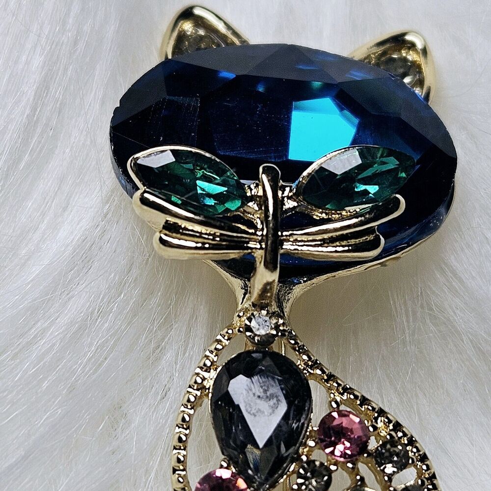 Cat Siluet pin Large Blue faceted Gemstone & Rhinestones 2.5 in Statement Brooch - Picture 7 of 10